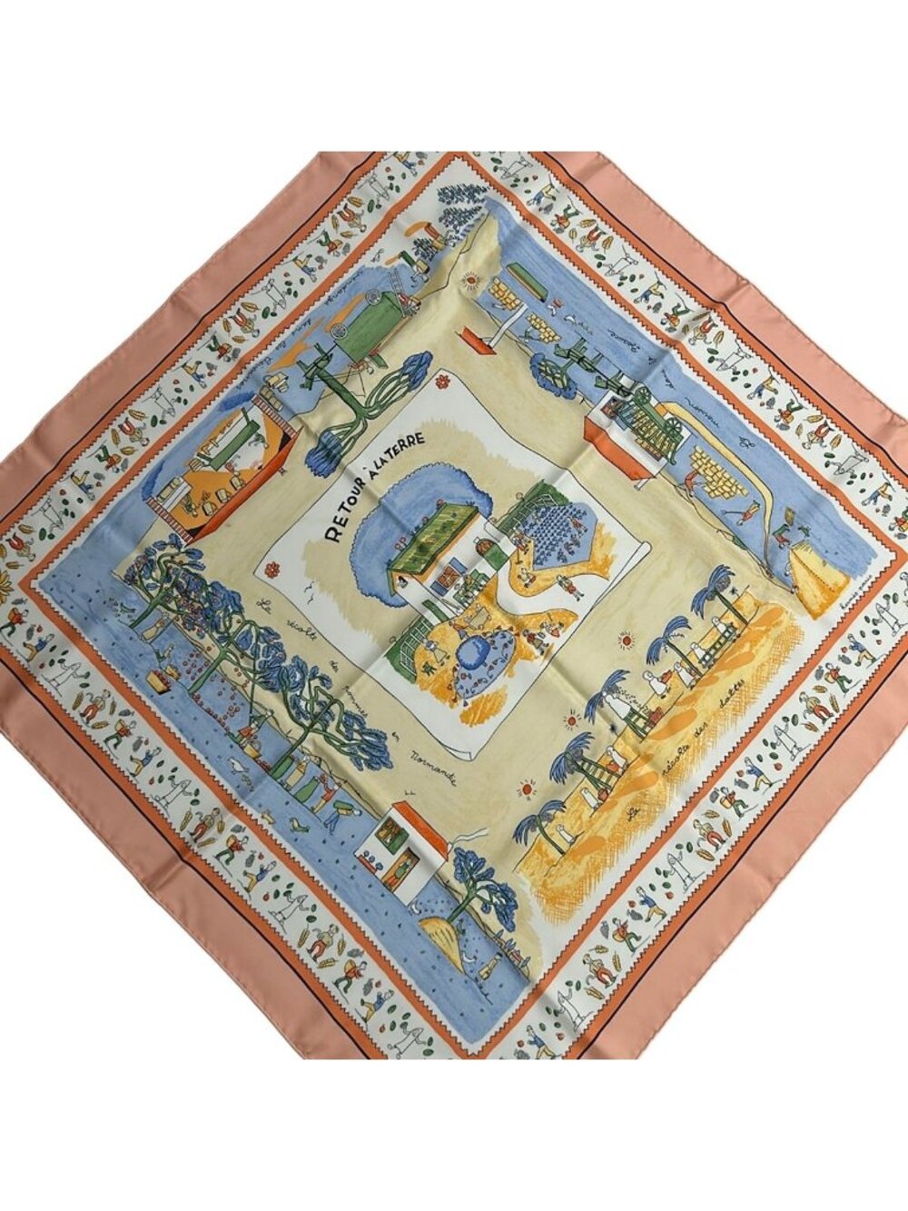 Hermes Carre 90 Retour a la Terre Scarf Pink Beige White Multi